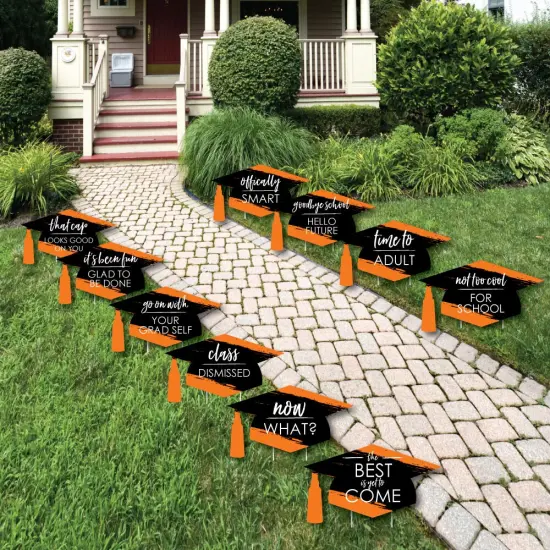 Big Dot of Happiness Orange Graduation Lawn Decorations - 10 Piece {1}