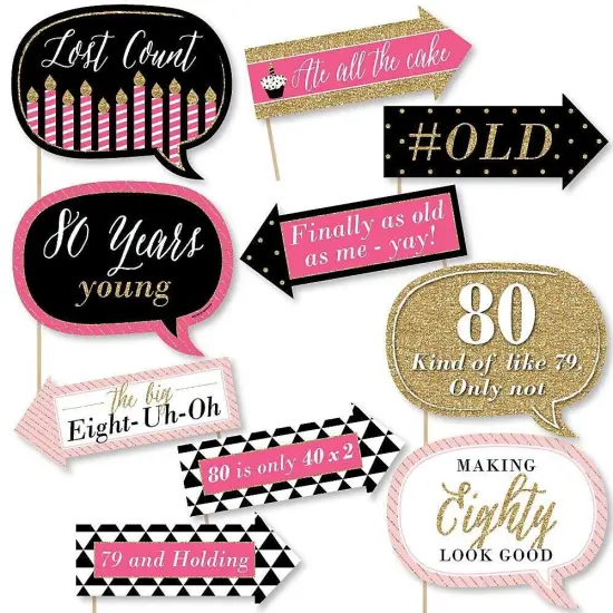 Big Dot of Happiness Funny Chic 80th Birthday - Pink, Black and Gold - Birthday Party Photo Booth Props Kit - 10 Piece {1}
