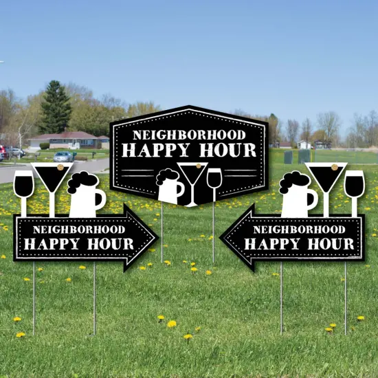 Big Dot of Happiness Neighborhood Happy Hour Signs - 2 Neighborhood Party Arrows & 1 Happy Hour Outdoor Lawn Sign - Doubled Sided Yard Signs -3 Pieces {1}