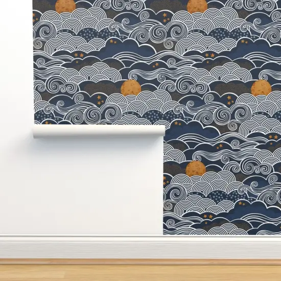 Pre-Pasted Wallpaper 2FT Wide Night Sky Clouds Gold Stars Sky Blue Mustard Dark Navy Custom Pre-pasted Wallpaper by Spoonflower {2}