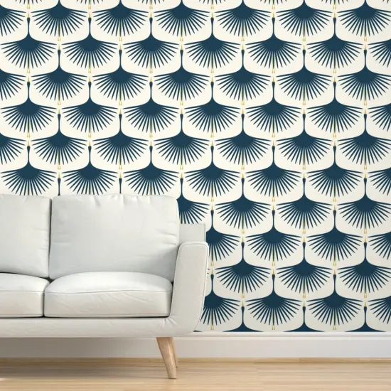 Pre-Pasted Wallpaper 2FT Wide Dark Blue Swans And Cream Mid Century Modern Art Deco Inspired Flying Cranes Custom Pre-pasted Wallpaper by Spoonflower {5}