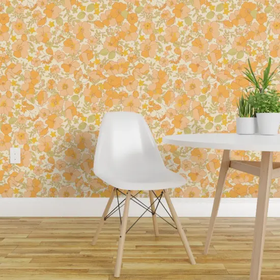 Peel & Stick Wallpaper 2FT Wide 1970S Floral Yellow Flowers Peach 70S Nursery Sunny Blooming Bohemian Pattern Illustrated Flower Power Custom Removable Wallpaper by Spoonflower {1}
