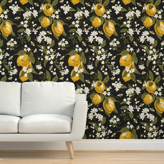 Peel & Stick Wallpaper 2FT Wide Bees Lemons Black Large Modern Citrus Traditional Custom Removable Wallpaper by Spoonflower {5}