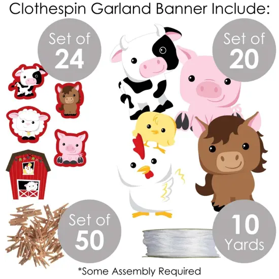 Big Dot of Happiness Farm Animals - Barnyard Baby Shower or Birthday Party DIY Decorations - Clothespin Garland Banner - 44 Pieces {6}