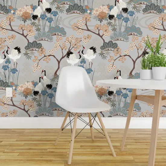 Pre-Pasted Wallpaper 2FT Wide Large Scale Japanese Garden Grey Asian Floral Birds Animals Custom Pre-pasted Wallpaper by Spoonflower {1}