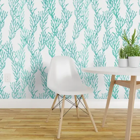 Pre-Pasted Wallpaper 2FT Wide Coral Ocean Teal Aqua Trendy Mermaid Nursery Little Arrow Custom Pre-pasted Wallpaper by Spoonflower {1}