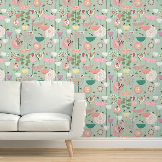 Peel & Stick Wallpaper 2FT Wide Bees Fly Pastel White Green Flowers Pink Large Atomic Style Mint Modern Custom Removable Wallpaper by Spoonflower {5}