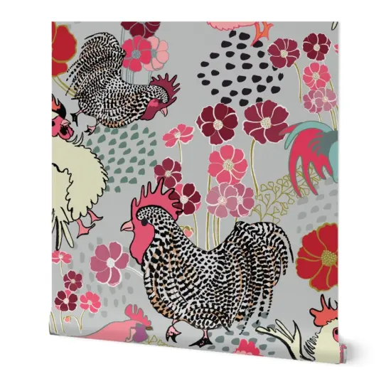 Peel & Stick Wallpaper 2FT Wide Rooster Parade Barnyard Chickens Farm Birds Floral Print Roosters Fowl Pink Custom Removable Wallpaper by Spoonflower {7}