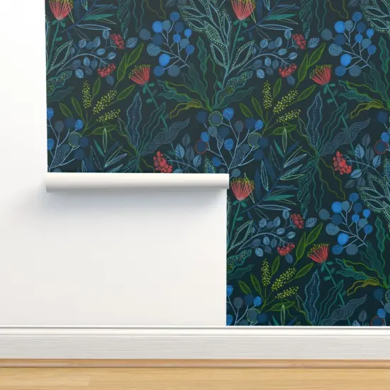 Peel & Stick Wallpaper 2FT Wide Dark Australian Floral Botanical Plants Leaves Flowers Eucalyptus Custom Removable Wallpaper by Spoonflower {2}