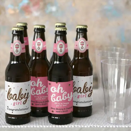 Big Dot of Happiness Hello Little One - Pink and Gold - Girl Baby Shower Decorations for Women and Men - 6 Beer Bottle Label Stickers and 1 Carrier {6}