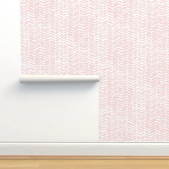 Peel & Stick Wallpaper 2FT Wide White Pink Herringbone Chevron Girl Nursery Custom Removable Wallpaper by Spoonflower {2}