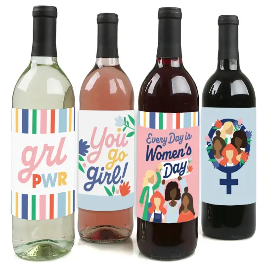 Big Dot of Happiness Women's Day - Feminist Party Decorations for Women - Wine Bottle Label Stickers - Set of 4 {1}