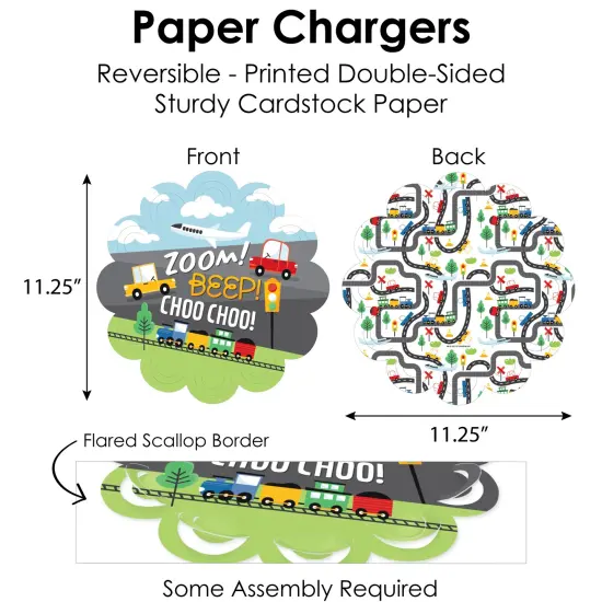 Big Dot of Happiness Cars, Trains, and Airplanes Transportation Birthday Party Paper Charger and Table Decorations Chargerific Kit Place Setting for 8 {6}
