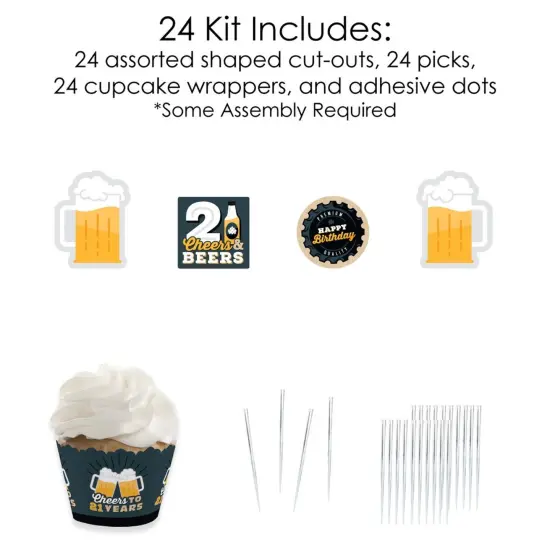 Big Dot of Happiness Cheers and Beers to 21 Years - Cupcake Decoration - 21st Birthday Party Cupcake Wrappers and Treat Picks Kit - Set of 24 {6}