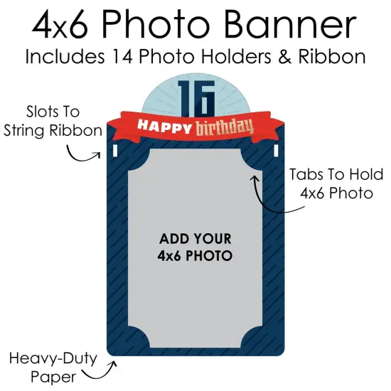 Big Dot of Happiness Boy 16th Birthday - DIY Sweet Sixteen Birthday Party Decor - Picture Display - Photo Banner {7}