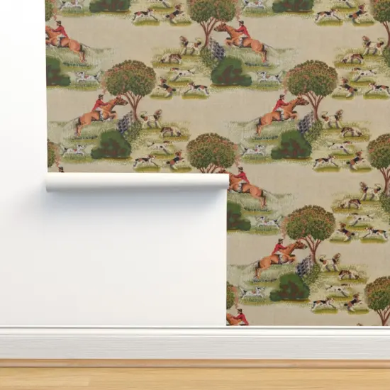 Peel & Stick Wallpaper 2FT Wide Vintage Style Fox Hunt Equestrian English Landscape Beagle Foxhound Custom Removable Wallpaper by Spoonflower {2}
