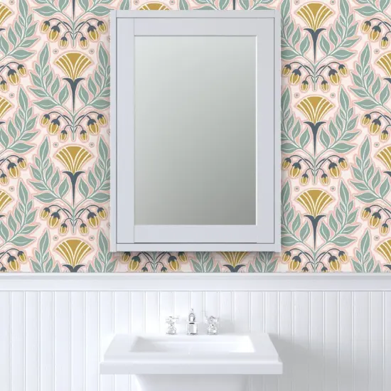 Pre-Pasted Wallpaper 2FT Wide Blush Pink Art Nouveau Floral Scale Flowers Gold Mustard Spring Vintage Custom Pre-pasted Wallpaper by Spoonflower {6}