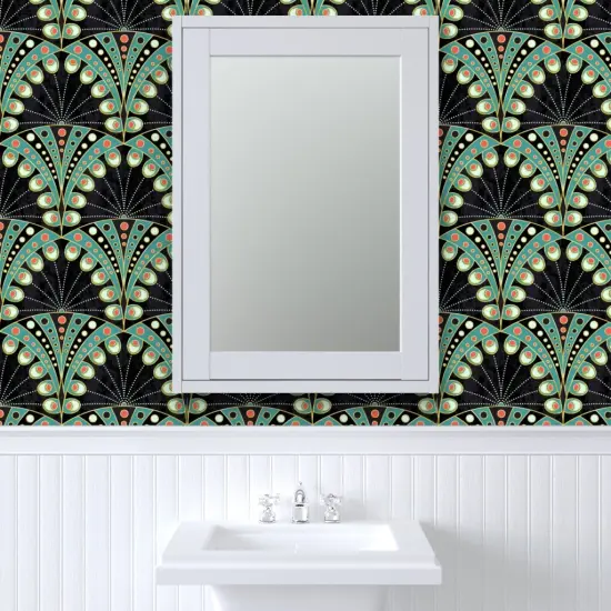 Peel & Stick Wallpaper 2FT Wide Art Deco Feather Nouveau Geometric Large Scale Boheme Symmetric Black And Teal Custom Removable Wallpaper by Spoonflower {6}