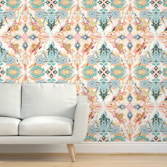 Peel & Stick Wallpaper 2FT Wide Spring Small Print Painted Bohemian Diamond Boho Doodle Pastels Modern Custom Removable Wallpaper by Spoonflower {5}