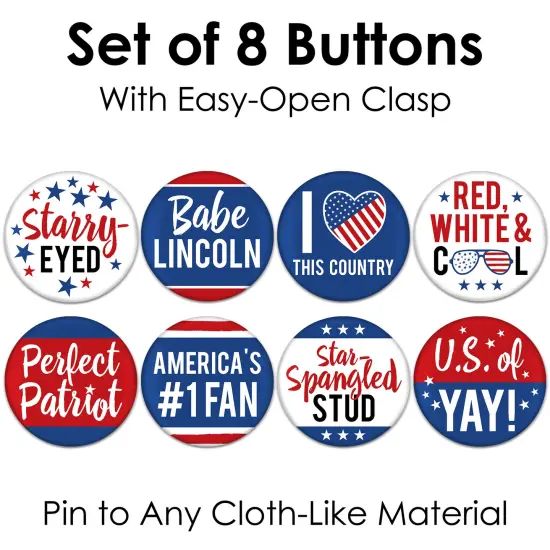 Big Dot of Happiness Stars & Stripes - 3 inch Patriotic Party Badge - Pinback Buttons - Set of 8 {7}