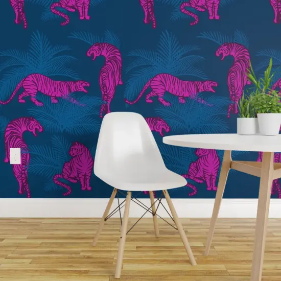 Pre-Pasted Wallpaper 2FT Wide Maximalist Tigers Neon Pink Opulent Jungle Large Scale Hollywood Regency Custom Pre-pasted Wallpaper by Spoonflower {1}