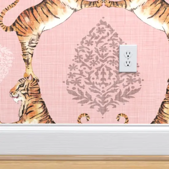 Pre-Pasted Wallpaper 2FT Wide Pink Paisley Tiger Bohemian India Pale Damask Water Color Animal Print Custom Pre-pasted Wallpaper by Spoonflower {5}