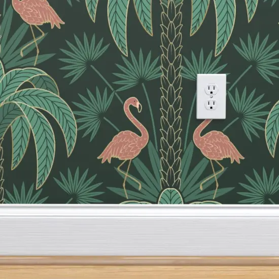 Pre-Pasted Wallpaper 2FT Wide Tropical Art Deco Flamingo Tropical Moody Flora Miami Plants Damask 1920S Elegant Maximalism Custom Pre-pasted Wallpaper by Spoonflower {4}