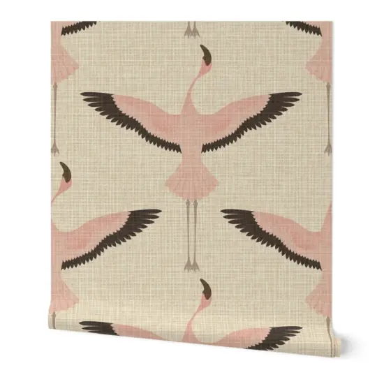 Peel & Stick Wallpaper 2FT Wide Flamingos Natural Bird Retro Birds Japanese Art Deco Flamingo Custom Removable Wallpaper by Spoonflower {7}