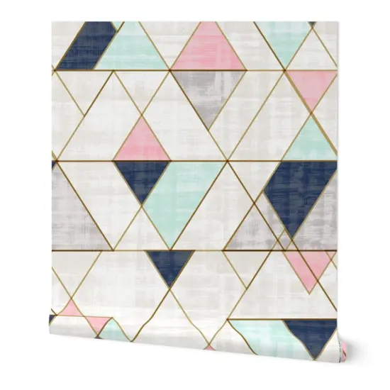 Peel & Stick Wallpaper 2FT Wide Navy Mint Pink Triangles Geo Geometric Mid Century Custom Removable Wallpaper by Spoonflower {7}