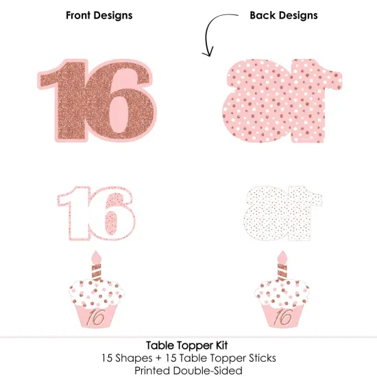 Big Dot of Happiness 16th Pink Rose Gold Birthday - Happy Birthday Party Centerpiece Sticks - Table Toppers - Set of 15 {6}