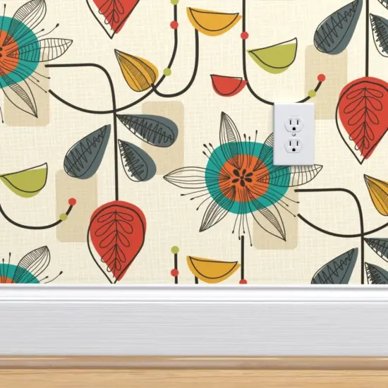 Pre-Pasted Wallpaper 2FT Wide Mid Century Retro Floral Block Colour Cream Beige Geometric Shapes Atomic Age Custom Pre-pasted Wallpaper by Spoonflower {4}