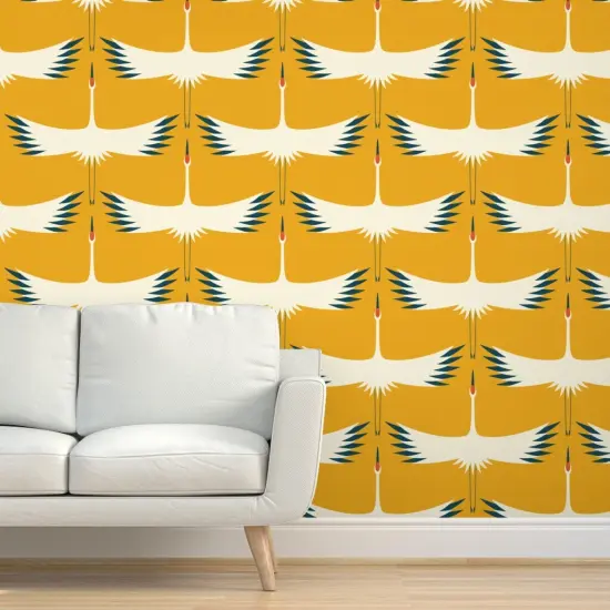 Peel & Stick Wallpaper 2FT Wide Whooping Crane Sunshine Endangered Species Animals Bird Flight Fly Custom Removable Wallpaper by Spoonflower {5}