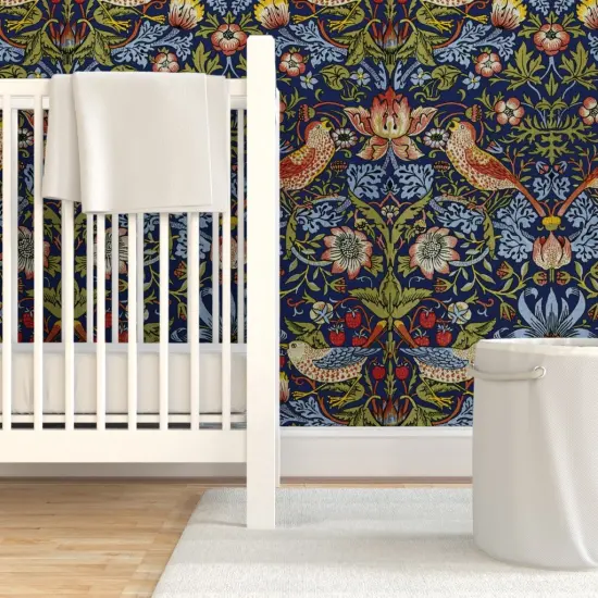 Pre-Pasted Wallpaper 2FT Wide Strawberry Bright Blue Medium Bird Floral Damask Custom Pre-pasted Wallpaper by Spoonflower {7}