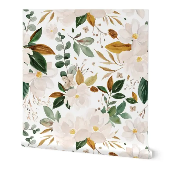 Peel & Stick Wallpaper 2FT Wide Romantic Magnolia Oversized Flowers Watercolor Modern Feminine Cream Green Bronze Custom Removable Wallpaper by Spoonflower {7}