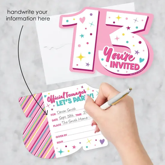 Big Dot of Happiness Girl 13th Birthday - Shaped Fill-In Invitations - Official Teenager Birthday Party Invitation Cards with Envelopes - Set of 12 {3}