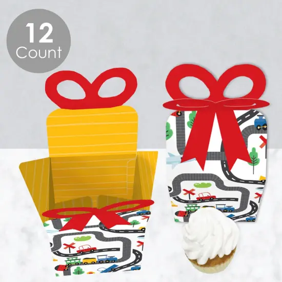 Big Dot of Happiness Cars, Trains, and Airplanes - Square Favor Gift Boxes - Transportation Birthday Party Bow Boxes - Set of 12 {4}