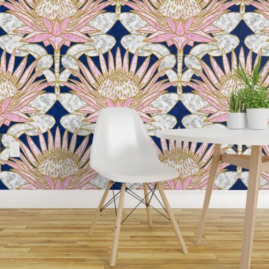 Peel & Stick Wallpaper 2FT Wide Blush Deco Floral Art Large Scale Marble Pink Flower Gold And Lotus William Morris Custom Removable Wallpaper by Spoonflower {1}