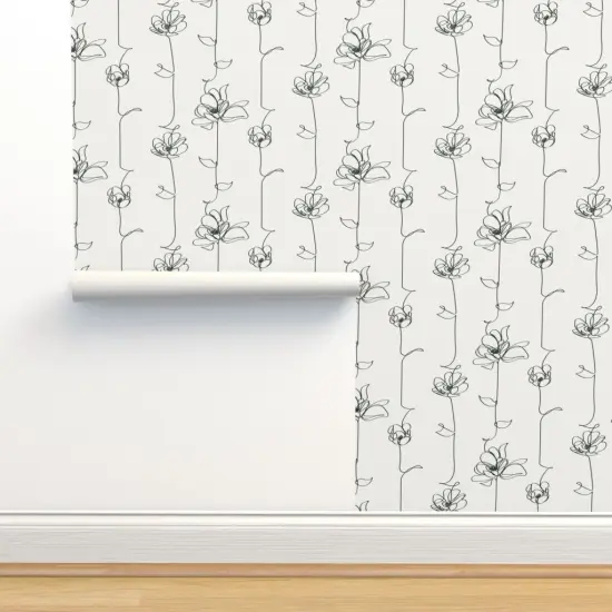Peel & Stick Wallpaper 2FT Wide Line Floral Black White Stripe Flowers Vines Modern Abstract Custom Removable Wallpaper by Spoonflower {2}