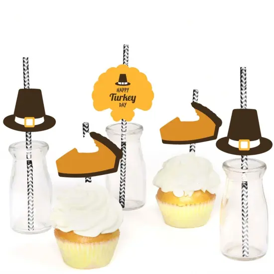 Big Dot of Happiness Happy Turkey Day Paper Straw Decor - Thanksgiving Striped Decorative Straws - Set of 24 {6}