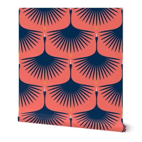 Peel & Stick Wallpaper 2FT Wide Navy Swan Flying Birds Cranes Art Deco Coral And Custom Removable Wallpaper by Spoonflower {7}