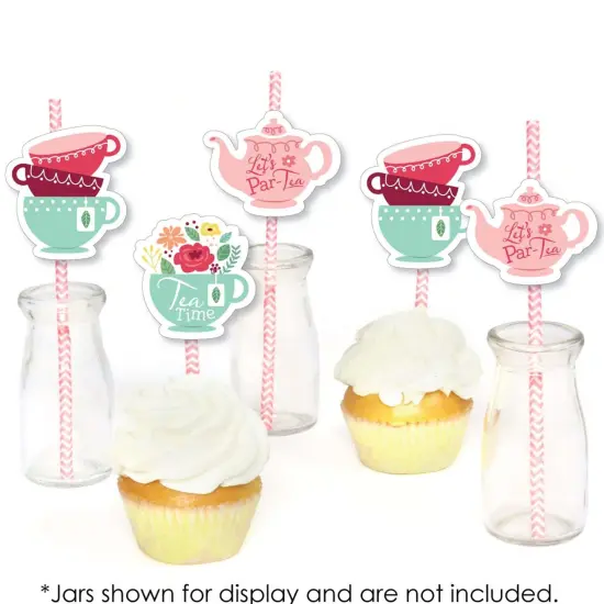 Big Dot of Happiness Floral Let's Par-Tea - Paper Straw Decor - Garden Tea Party Striped Decorative Straws - Set of 24 {6}