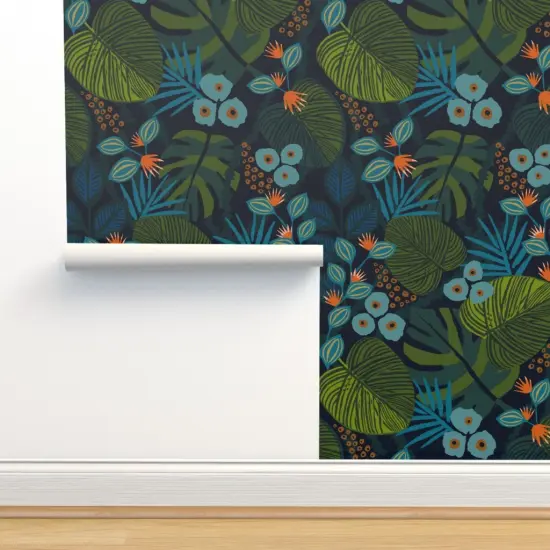 Peel & Stick Wallpaper 2FT Wide Tropical Fun Blue Green Teal Flora Custom Removable Wallpaper by Spoonflower {2}