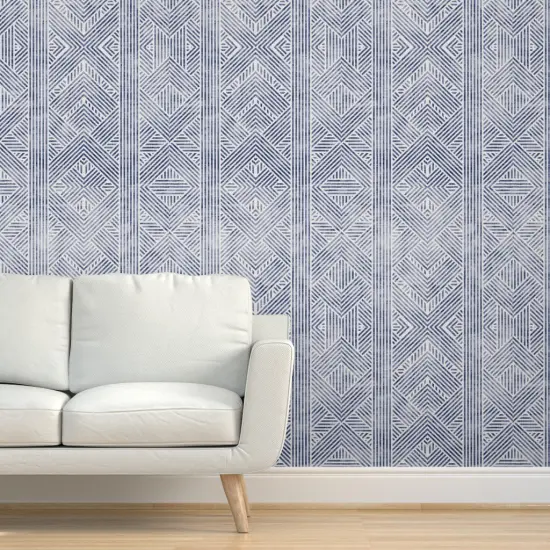 Pre-Pasted Wallpaper 2FT Wide Blue Geometric Line Diamond Wax Stripes Boho Chic Coastal Custom Pre-pasted Wallpaper by Spoonflower {5}