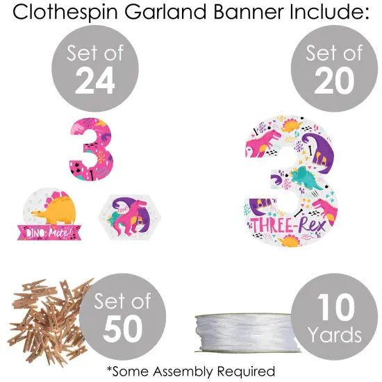 Big Dot of Happiness 3rd Birthday Roar Dinosaur Girl - Three Rex Dino Third Birthday Party DIY Decorations - Clothespin Garland Banner - 44 Pieces {6}