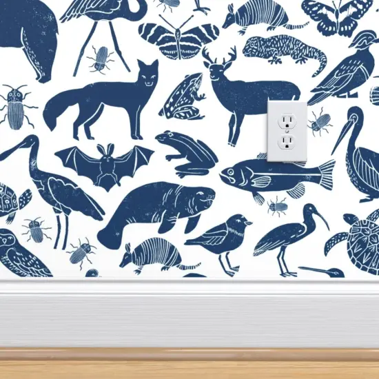 Peel & Stick Wallpaper 2FT Wide Animals Navy Blue Zoo Botanical Nursery Kids Custom Removable Wallpaper by Spoonflower {4}