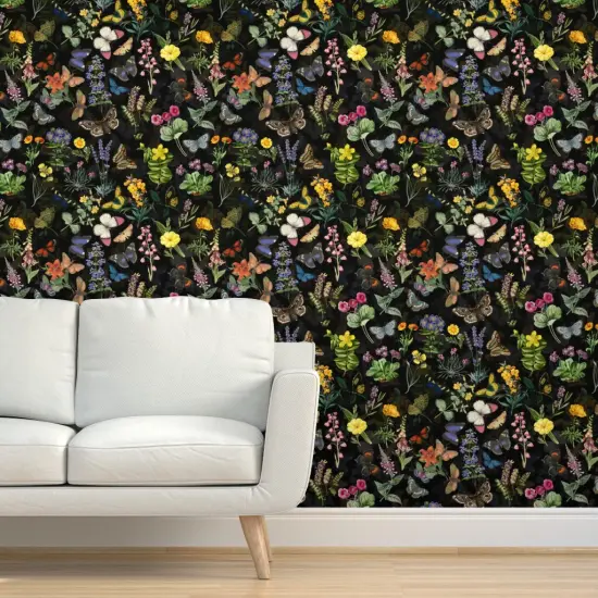 Pre-Pasted Wallpaper 2FT Wide Butterfly House Moody Floral Moths On Black Spring Flower English Cottage Shabby Chic Flowers Core Custom Pre-pasted Wallpaper by Spoonflower {5}