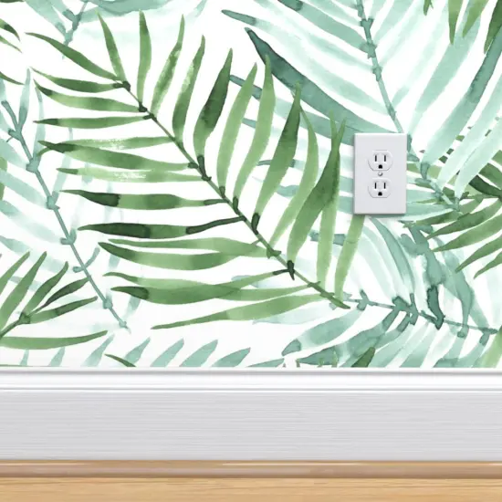 Peel & Stick Wallpaper 2FT Wide Watercolor Tropical Palm Leaf Green Jungle Exotic Plant Custom Removable Wallpaper by Spoonflower {4}