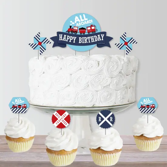 Big Dot of Happiness Railroad Party Crossing - Steam Train Birthday Party Cake Decorating Kit - Happy Birthday Cake Topper Set - 11 Pieces {6}