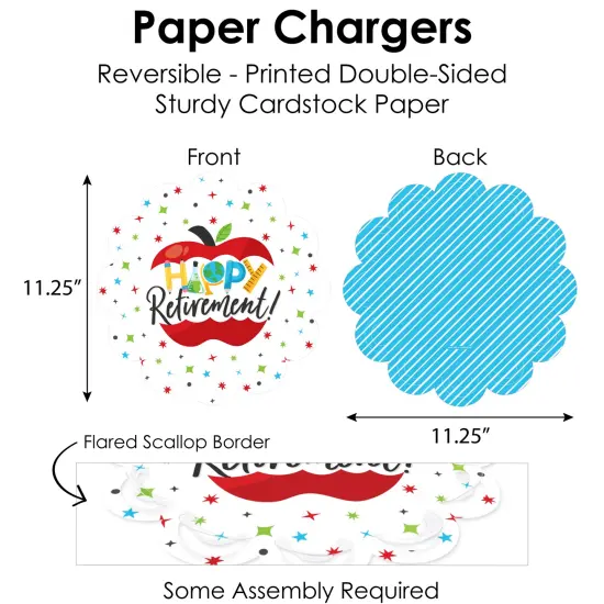Big Dot of Happiness Teacher Retirement - Happy Retirement Party Paper Charger and Table Decorations - Chargerific Kit - Place Setting for 8 {6}