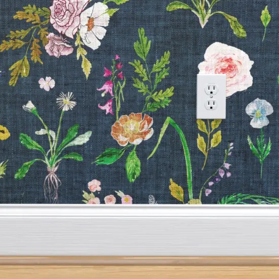 Pre-Pasted Wallpaper 2FT Wide Floral Summer Daisy Navy Blue Flowers Rose Vintage Custom Pre-pasted Wallpaper by Spoonflower {4}